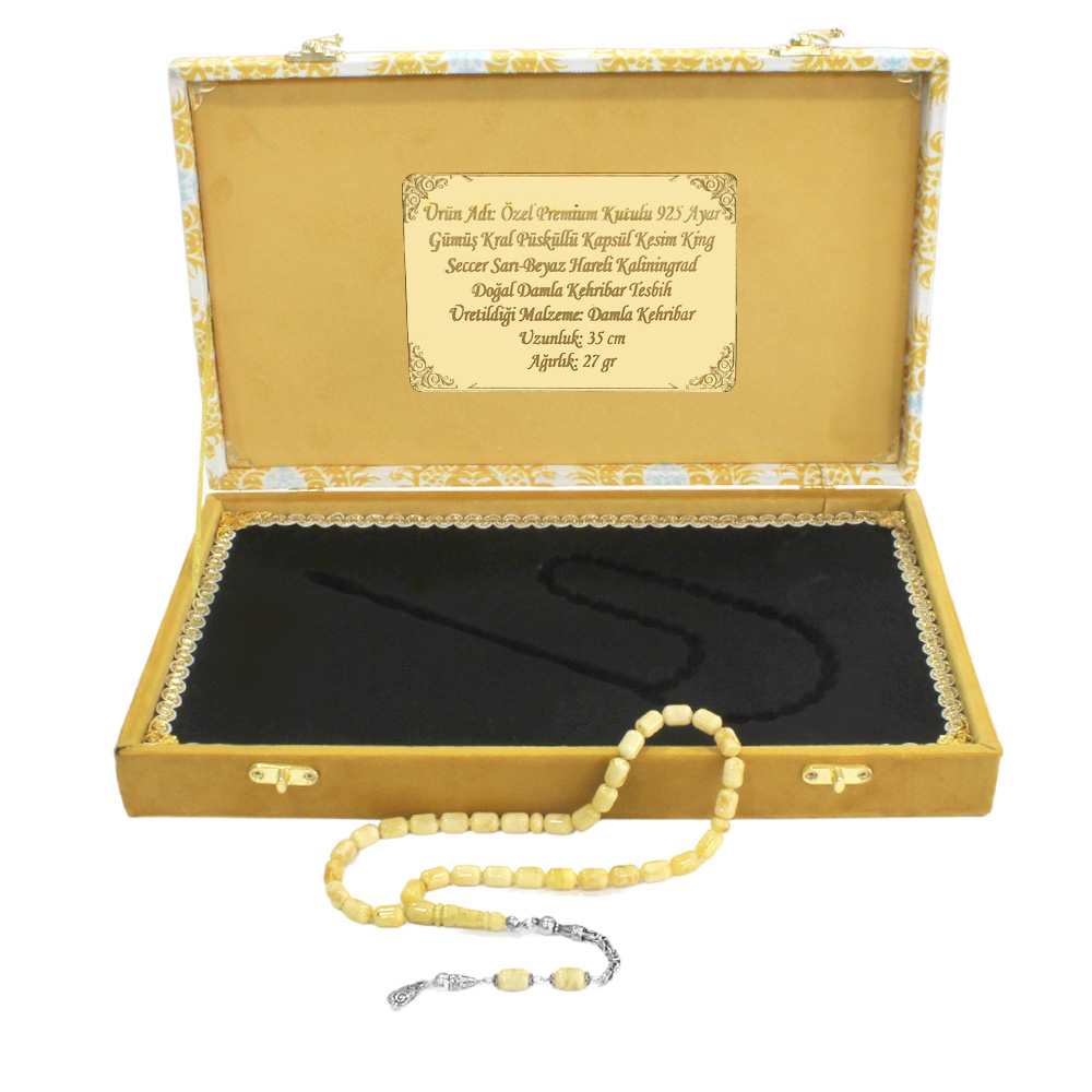 Özel Premium Kutulu 925 Ayar Gümüş Kral Püsküllü Kapsül Kesim King Seccer Sarı-Beyaz Hareli Damla Kehribar Tesbih