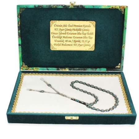 Özel Premium Kutulu 925 Ayar Gümüş Püsküllü Gümüş-Firuze İşlemeli Erzurum Oltu Taşı Tesbih - Thumbnail