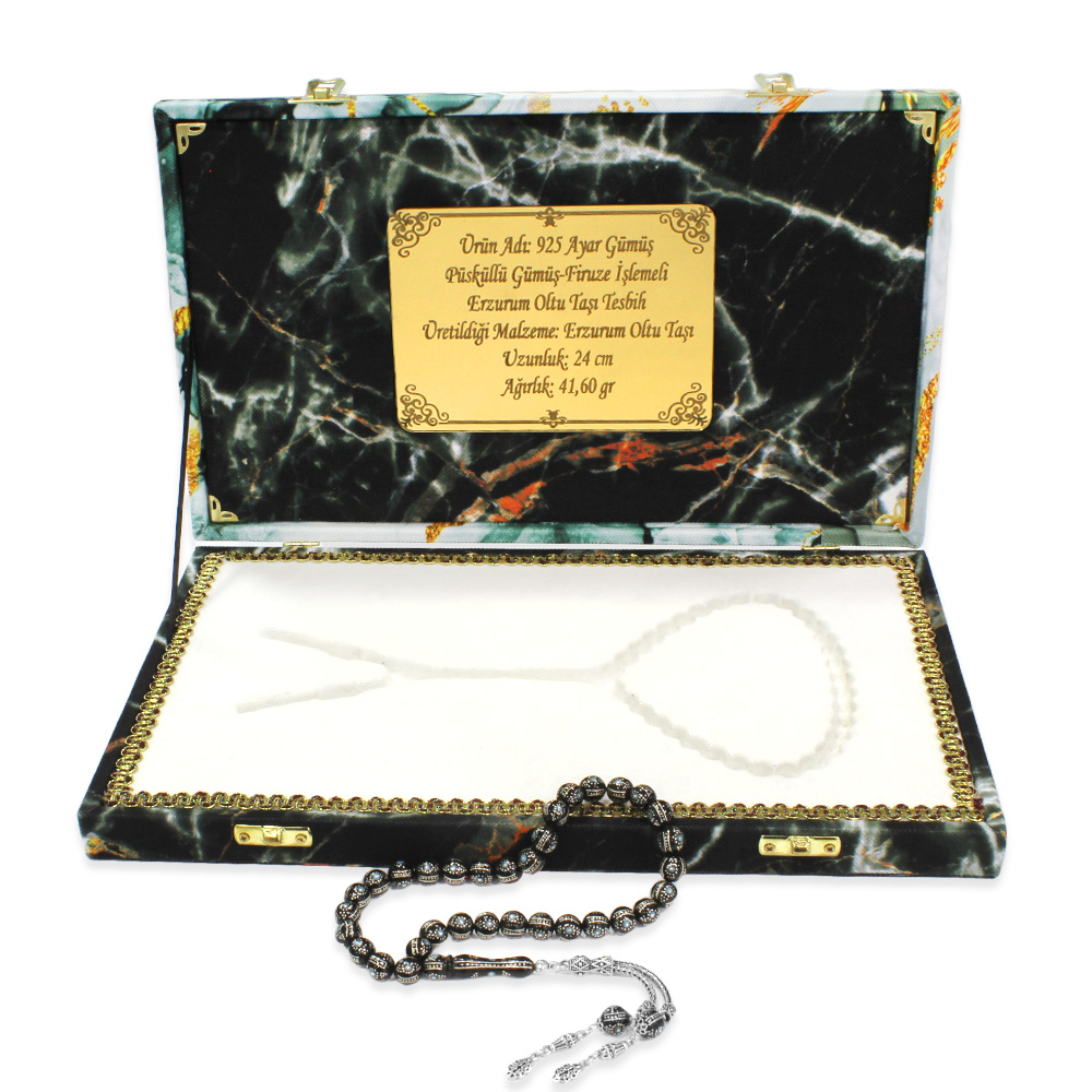 Özel Premium Kutulu 925 Ayar Gümüş Püsküllü Gümüş-Firuze İşlemeli Erzurum Oltu Taşı Tesbih