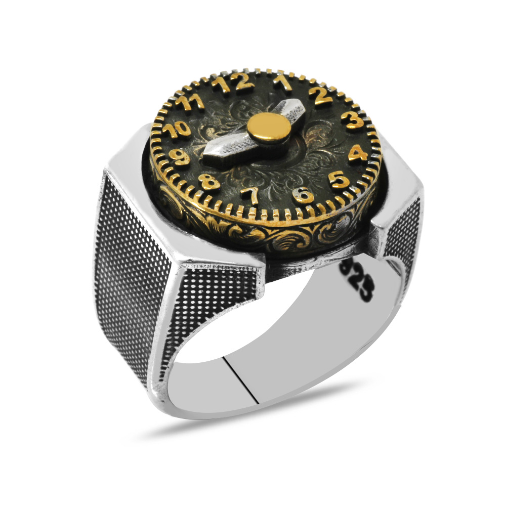 Saat Tasarım Sarmaşık Detaylı 925 Ayar Gümüş Erkek Yüzük