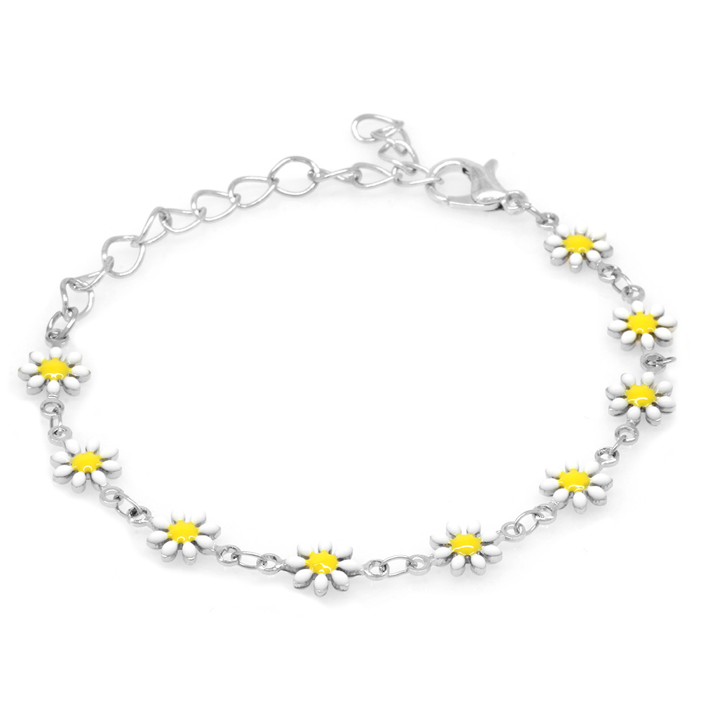 Silver Renk Metal Zincirli Sarı-Beyaz Mineli Kır Çiçeği Detaylı Kadın Bileklik