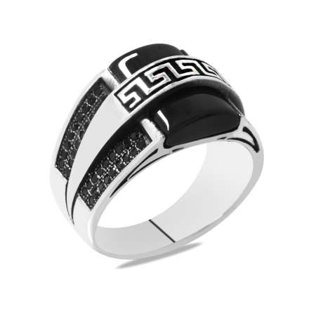 Siyah Oniks Taşlı Grek Zincir Detaylı 925 Ayar Gümüş Menderes Yüzüğü - Thumbnail