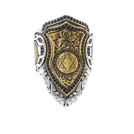 Siyah Zirkon Taş Mıhlamalı Mühr-i Süleyman İşlemeli Free Size 925 Ayar Gümüş Okçu (Zihgir) Yüzüğü - Thumbnail