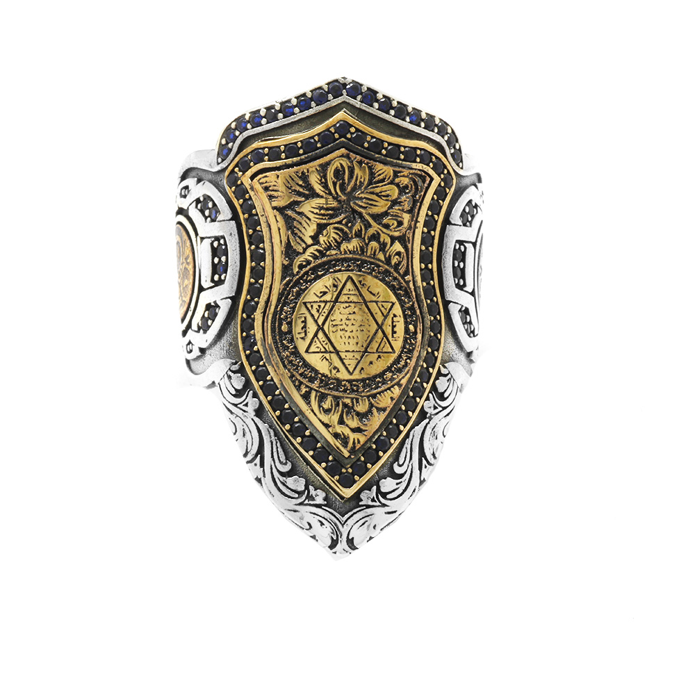 Siyah Zirkon Taş Mıhlamalı Mühr-i Süleyman İşlemeli Free Size 925 Ayar Gümüş Okçu (Zihgir) Yüzüğü