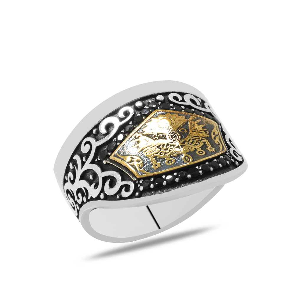Siyah Zirkon Taş Mıhlamalı Osmanlı Devlet Arması Motifli 925 Ayar Gümüş Okçu (Zihgir) Yüzüğü