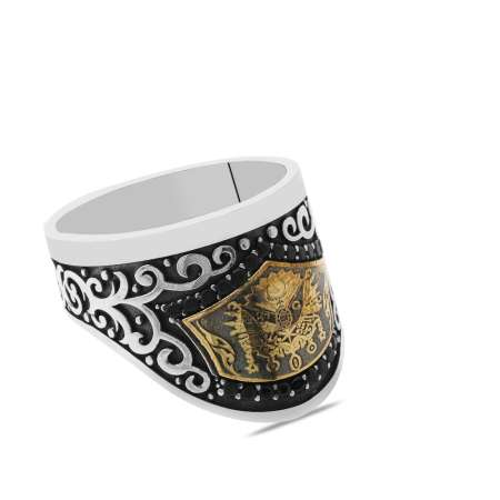 Siyah Zirkon Taş Mıhlamalı Osmanlı Devlet Arması Motifli 925 Ayar Gümüş Okçu (Zihgir) Yüzüğü - Thumbnail