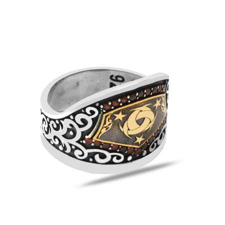 Siyah Zirkon Taş Mıhlamalı Teşkîlât-ı Mahsûsa Motifli 925 Ayar Gümüş Okçu (Zihgir) Yüzüğü - Thumbnail