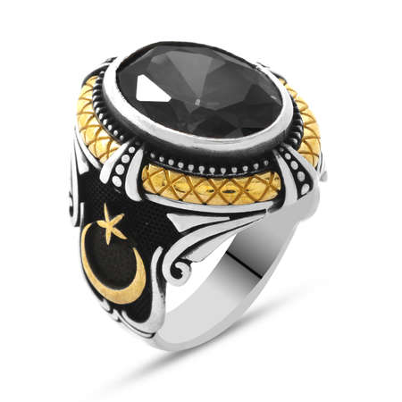Siyah Zirkon Taşlı Ayyıldız Tasarım 925 Ayar Gümüş Sadrazam Yüzüğü - Thumbnail
