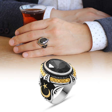 Siyah Zirkon Taşlı Ayyıldız Tasarım 925 Ayar Gümüş Sadrazam Yüzüğü - Thumbnail