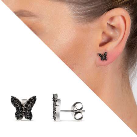 Siyah Zirkon Taşlı Kelebek Tasarım 925 Ayar Gümüş Kadın Küpe - Thumbnail