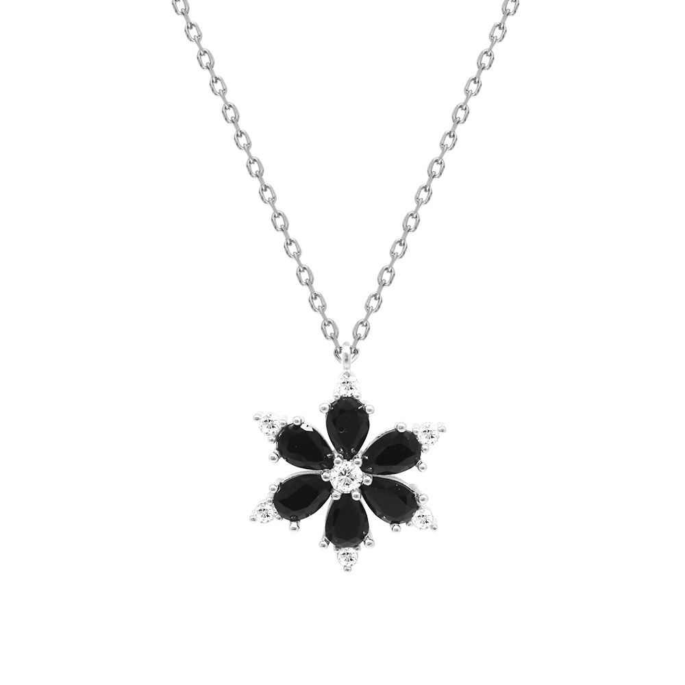 Siyah Zirkon Taşlı Kır Çiçeği Tasarım 925 Ayar Gümüş Kadın Kolye