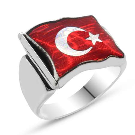 Türk Bayrağı Motifli Kırmızı Mineli 925 Ayar Gümüş Erkek Yüzük - Thumbnail