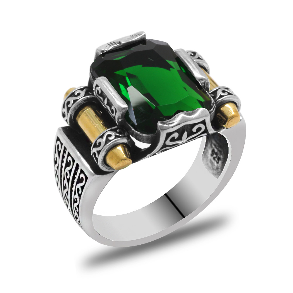 Yeşil Baget Taşlı Avangarde Tasarım 925 Ayar Gümüş Şah Cihan Yüzüğü