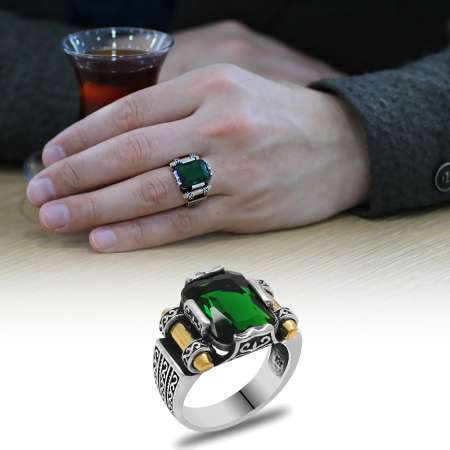Yeşil Baget Taşlı Avangarde Tasarım 925 Ayar Gümüş Şah Cihan Yüzüğü - Thumbnail