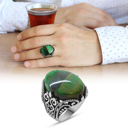 Yeşil Kaplangözü Taşlı Ferforje Tasarım 925 Ayar Gümüş Erkek Yüzük - Thumbnail