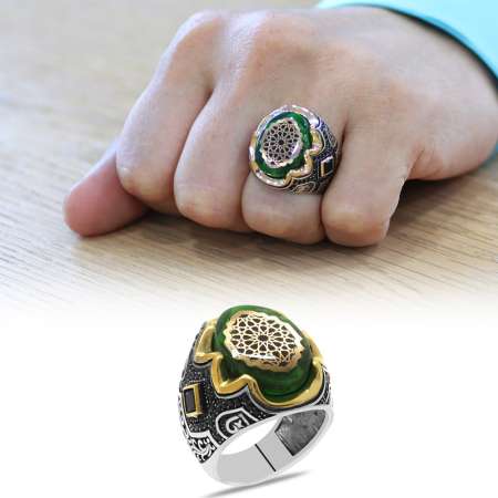 Yeşil Kehribar Üzeri Anadolu Motifli Yanları Gravür İşlemeli 925 Ayar Gümüş Erkek Yüzük - Thumbnail
