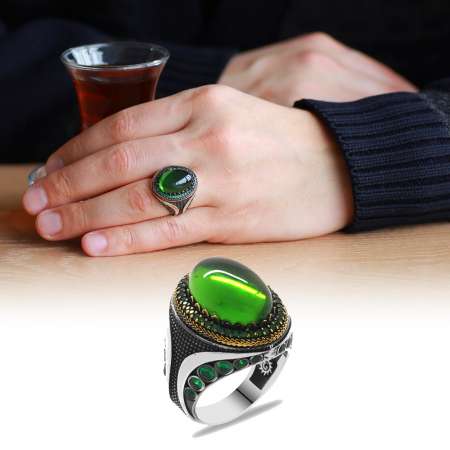 Yeşil Zirkon Taşlı Mikro Zirkon Taş Mıhlamalı Oval Tasarım 925 Ayar Gümüş Erkek Yüzük - Thumbnail
