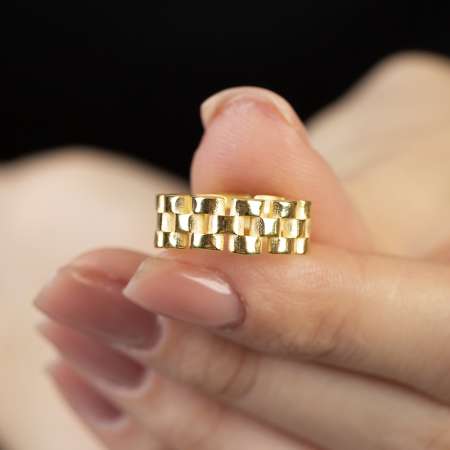 Zincir Tasarım Gold Renk Free Size 925 Ayar Gümüş Kadın Yüzük - Thumbnail