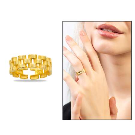 Zincir Tasarım Gold Renk Free Size 925 Ayar Gümüş Kadın Yüzük - Thumbnail