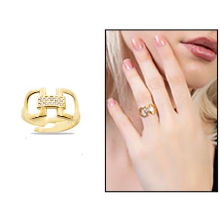 Zirkon Taşlı Belt Tasarım Gold Renk Free Size 925 Ayar Gümüş Kadın Yüzük - Thumbnail