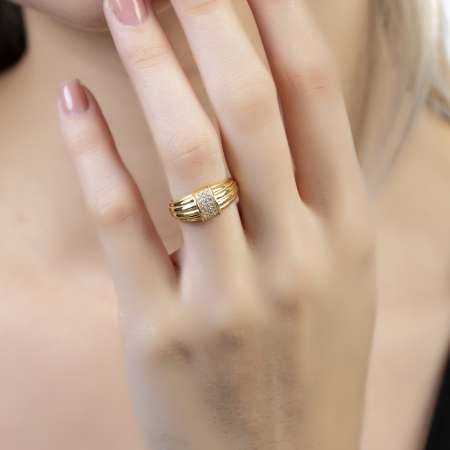 Zirkon Taşlı Dikdörtgen Detaylı Gold Renk Free Size 925 Ayar Gümüş Kadın Yüzük - Thumbnail