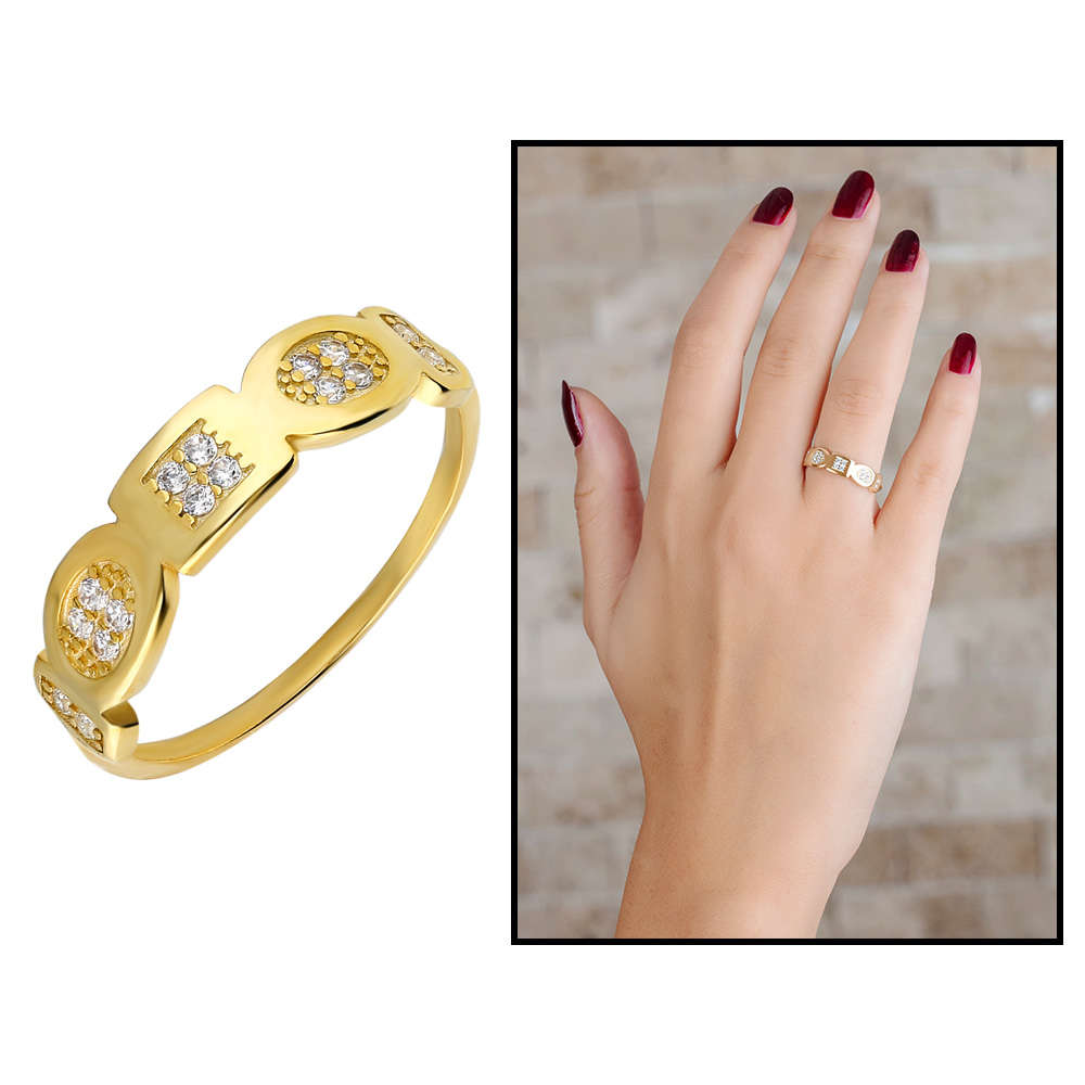 Zirkon Taşlı Geometrik Tasarım Gold Renk 925 Ayar Gümüş Bayan Yüzük