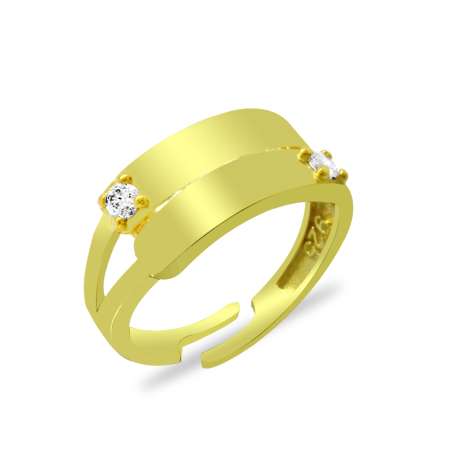 Zirkon Taşlı Gold Renk Free Size Çift Sıra Kişiye Özel İsim/Harf Yazılı 925 Ayar Gümüş Kadın Yüzük - Thumbnail