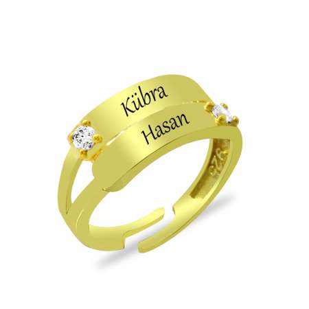 Zirkon Taşlı Gold Renk Free Size Çift Sıra Kişiye Özel İsim/Harf Yazılı 925 Ayar Gümüş Kadın Yüzük - Thumbnail