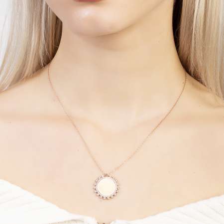Zirkon Taşlı Güneş Tasarım Rose Renk Kişiye Özel İsim Harf Yazılı 925 Ayar Gümüş Kadın Kolye - Thumbnail