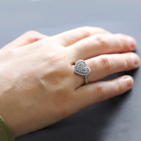 Zirkon Taşlı İç İçe Kalp Tasarım 925 Ayar Gümüş Bayan Yüzük - Thumbnail