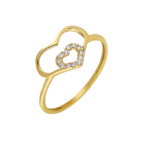 Zirkon Taşlı İç İçe Kalp Tasarım Gold Renk 925 Ayar Gümüş Bayan Yüzük - Thumbnail