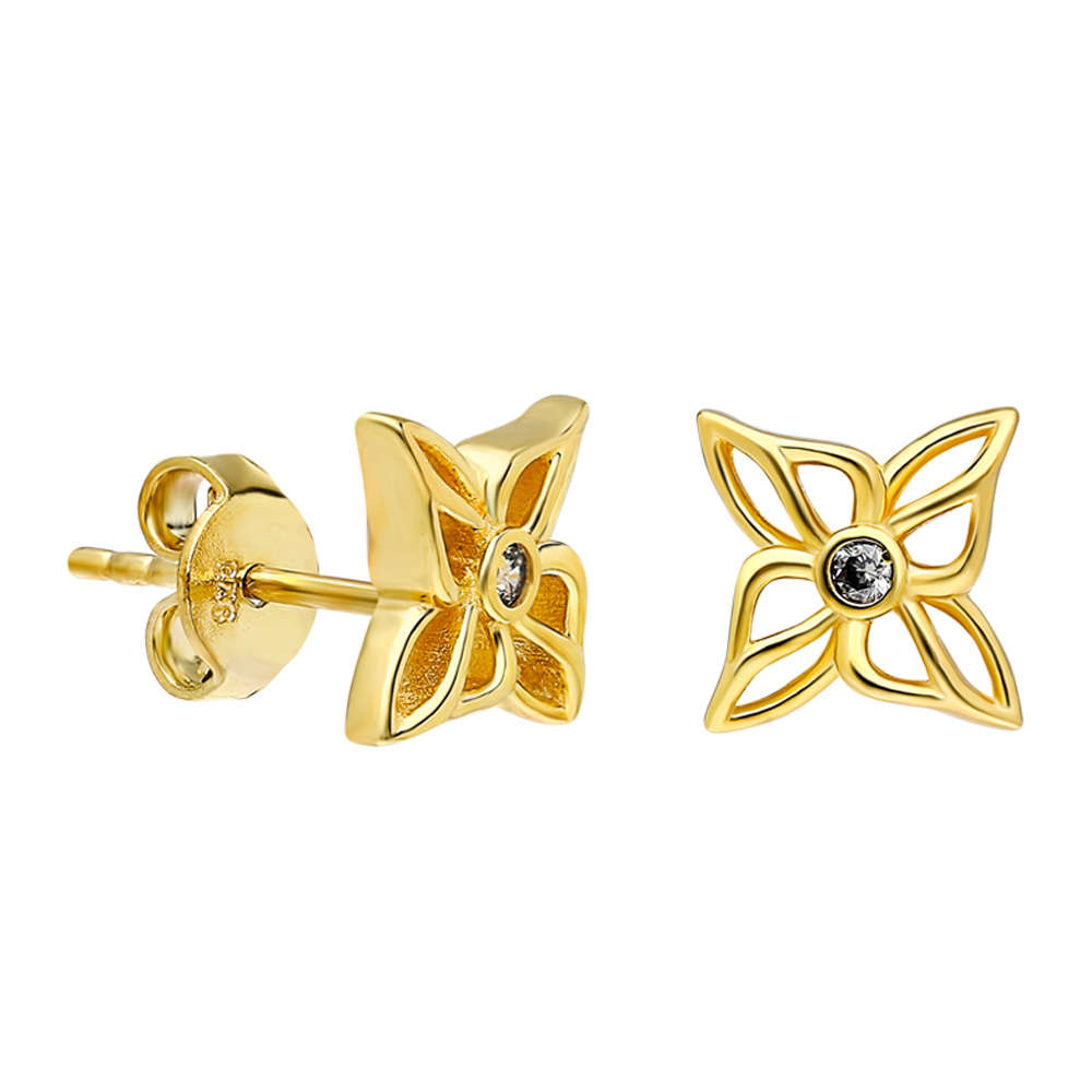 Zirkon Taşlı Ixora Çiçeği Tasarım Gold Renk 925 Ayar Gümüş Küpe