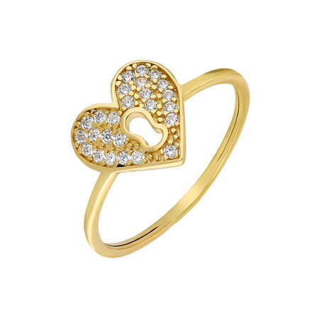 Zirkon Taşlı Kalbimin Kilidi Tasarım Gold Renk 925 Ayar Gümüş Bayan Yüzük - Thumbnail
