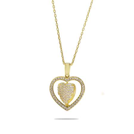 Zirkon Taşlı Kalp Model Gold Renk Kişiye Özel İsim Harf Yazılı 925 Ayar Gümüş Kadın Kolye - Thumbnail