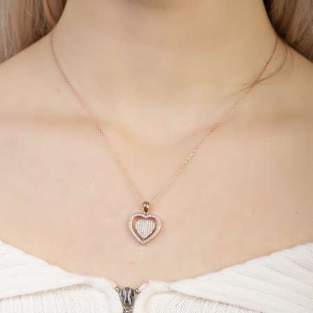 Zirkon Taşlı Kalp Model Rose Renk Kişiye Özel İsim Harf Yazılı 925 Ayar Gümüş Kadın Kolye - Thumbnail