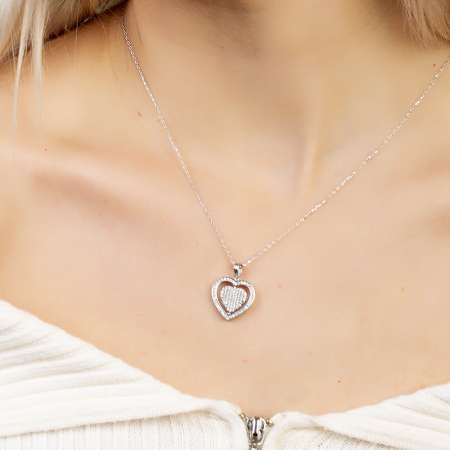 Zirkon Taşlı Kalp Model Silver Renk Kişiye Özel İsim Harf Yazılı 925 Ayar Gümüş Kadın Kolye - Thumbnail