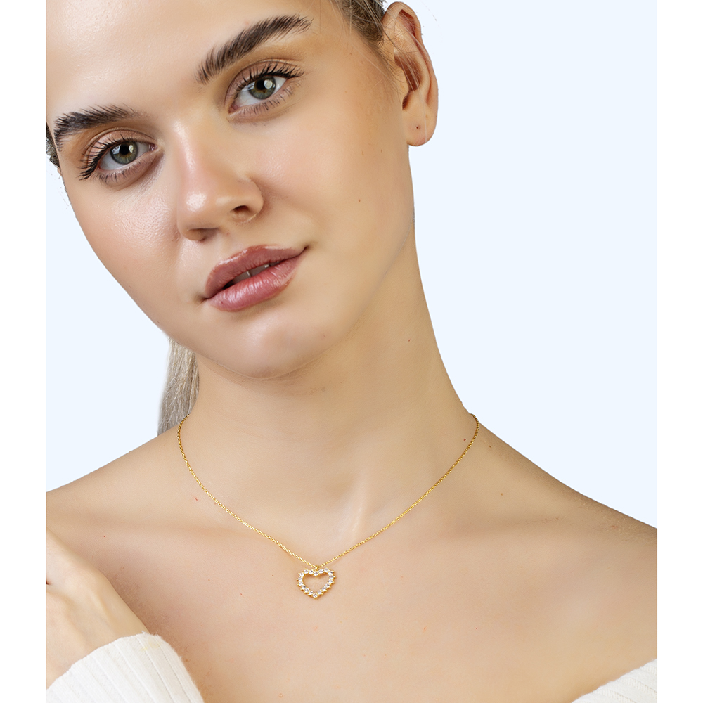 Zirkon Taşlı Kalp Tasarım Gold Renk 925 Ayar Gümüş Kadın Kolye