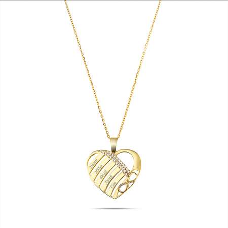 Zirkon Taşlı Kalp Tasarım Kişiye Özel İsimler Yazılı Gold Renk 925 Ayar Kolye - Thumbnail