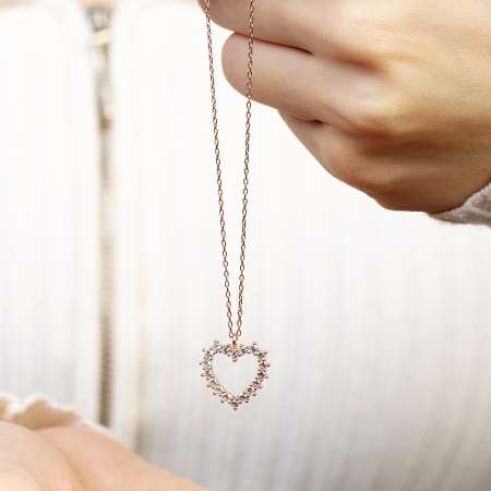 Zirkon Taşlı Kalp Tasarım Rose Renk 925 Ayar Gümüş Kadın Kolye - Thumbnail