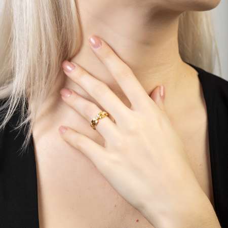 Zirkon Taşlı Kare Zincir Tasarım Gold Renk Free Size 925 Ayar Gümüş Kadın Yüzük - Thumbnail