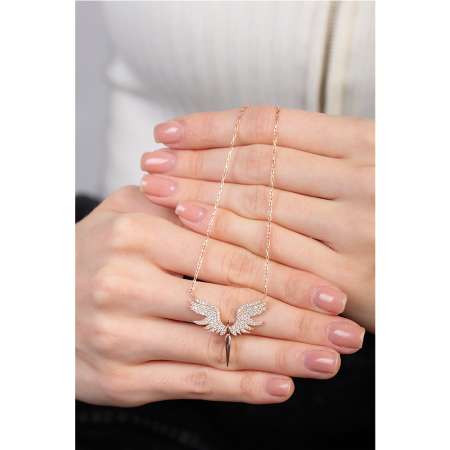 Zirkon Taşlı Melek Tasarım Rose Renk 925 Ayar Gümüş Kadın Kolye - Thumbnail