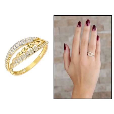 Zirkon Taşlı Örgü Tasarım Gold Renk 925 Ayar Gümüş Bayan Yüzük - Thumbnail