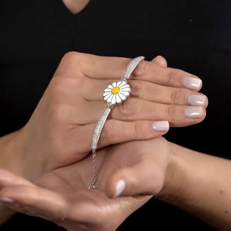 Zirkon Taşlı Papatya Tasarım 925 Ayar Gümüş Kadın Bileklik - Thumbnail