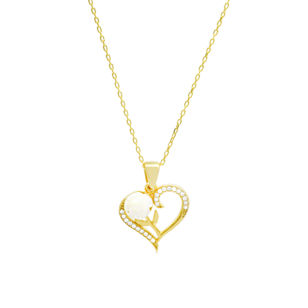 Zirkon Taşlı Sedef Beyaz Gül Detaylı Kalp Tasarım Gold Renk 925 Ayar Gümüş Kadın Kolye