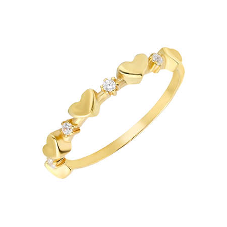 Zirkon Taşlı Sıralı Kalp Tasarım Gold Renk 925 Ayar Gümüş Bayan Yüzük - Thumbnail