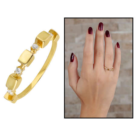 Zirkon Taşlı Sıralı Küp Tasarım Gold Renk 925 Ayar Gümüş Bayan Yüzük - Thumbnail