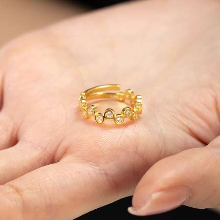 Zirkon Taşlı Taç Tasarım Gold Renk Free Size 925 Ayar Gümüş Kadın Yüzük - Thumbnail