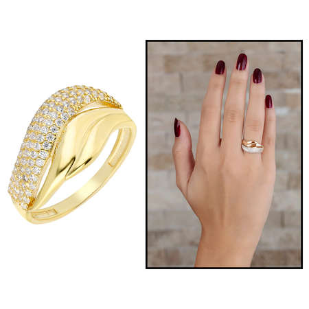 Zirkon Taşlı Wave Tasarım Gold Renk 925 Ayar Gümüş Bayan Yüzük - Thumbnail