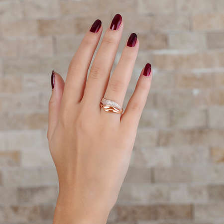 Zirkon Taşlı Wave Tasarım Rose Renk 925 Ayar Gümüş Bayan Yüzük - Thumbnail