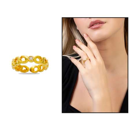Zirkon Taşlı Zincir Tasarım Gold Renk Free Size 925 Ayar Gümüş Kadın Tektaş Yüzük - Thumbnail